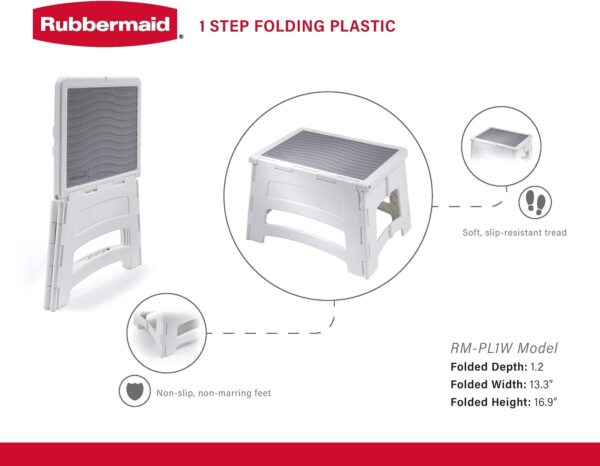 Rubbermaid RM-PL1W Folding 1-Step Plastic Step Stool, Lightweight & Anti-Slip, 300 lb Capacity, White - Image 3